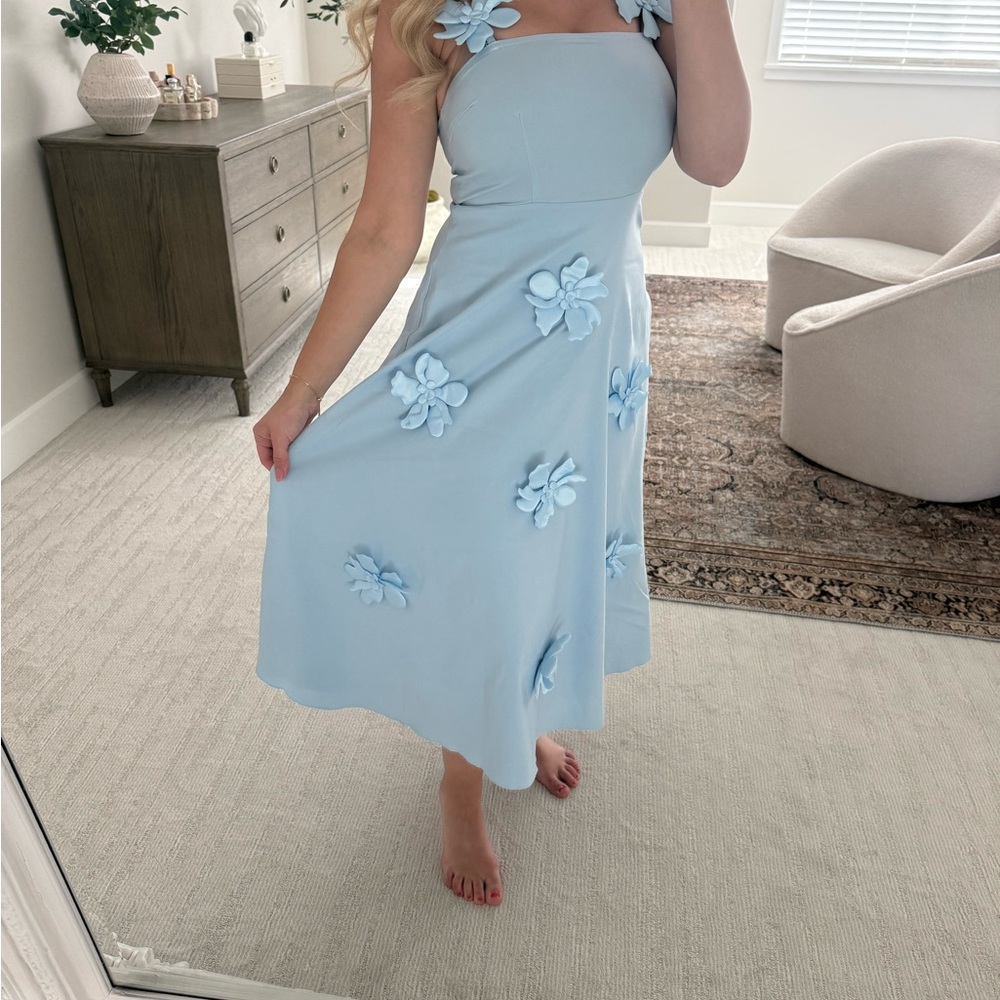 Light Blue Floral Appliqué Midi Dress - Women